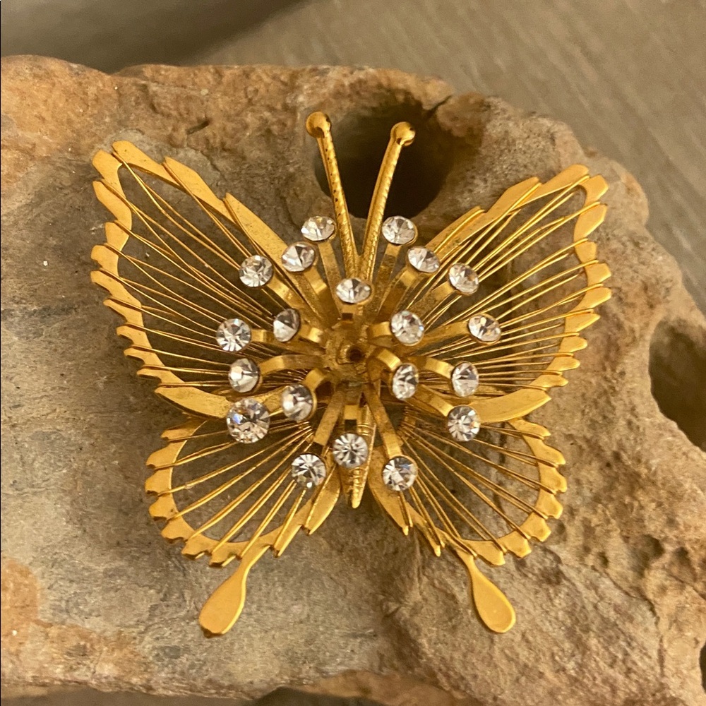 Vintage MONET Gold Tone Butterfly with Rhinestones Broach